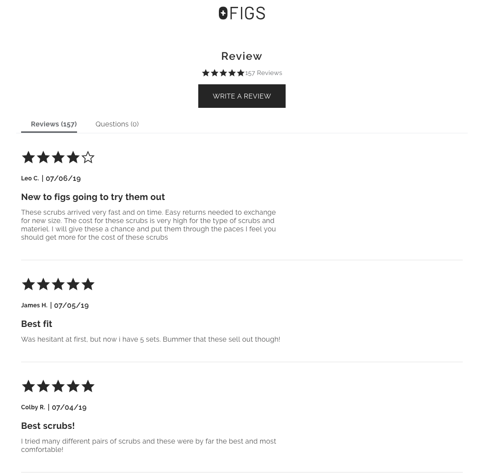 Text-only reviews from the Figs product page design
