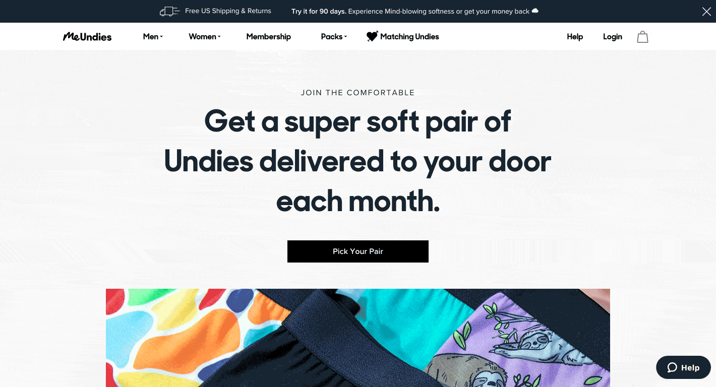 Animation GIF of the MeUndies sticky live chat button; as you scroll down the product page design, the button remains fixed in the bottom-right corner.