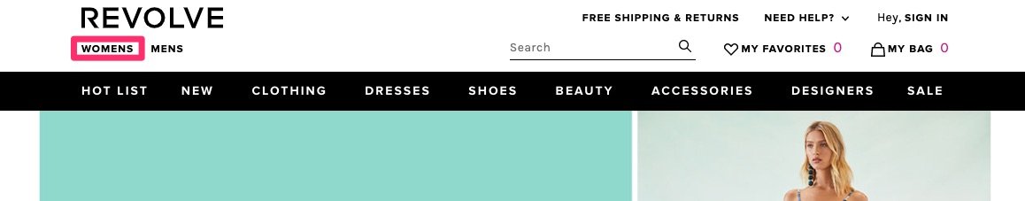 A screenshot of the Women's section on Revolve's website. Notice how the menu/navigation items are different than what appear on the men's page.