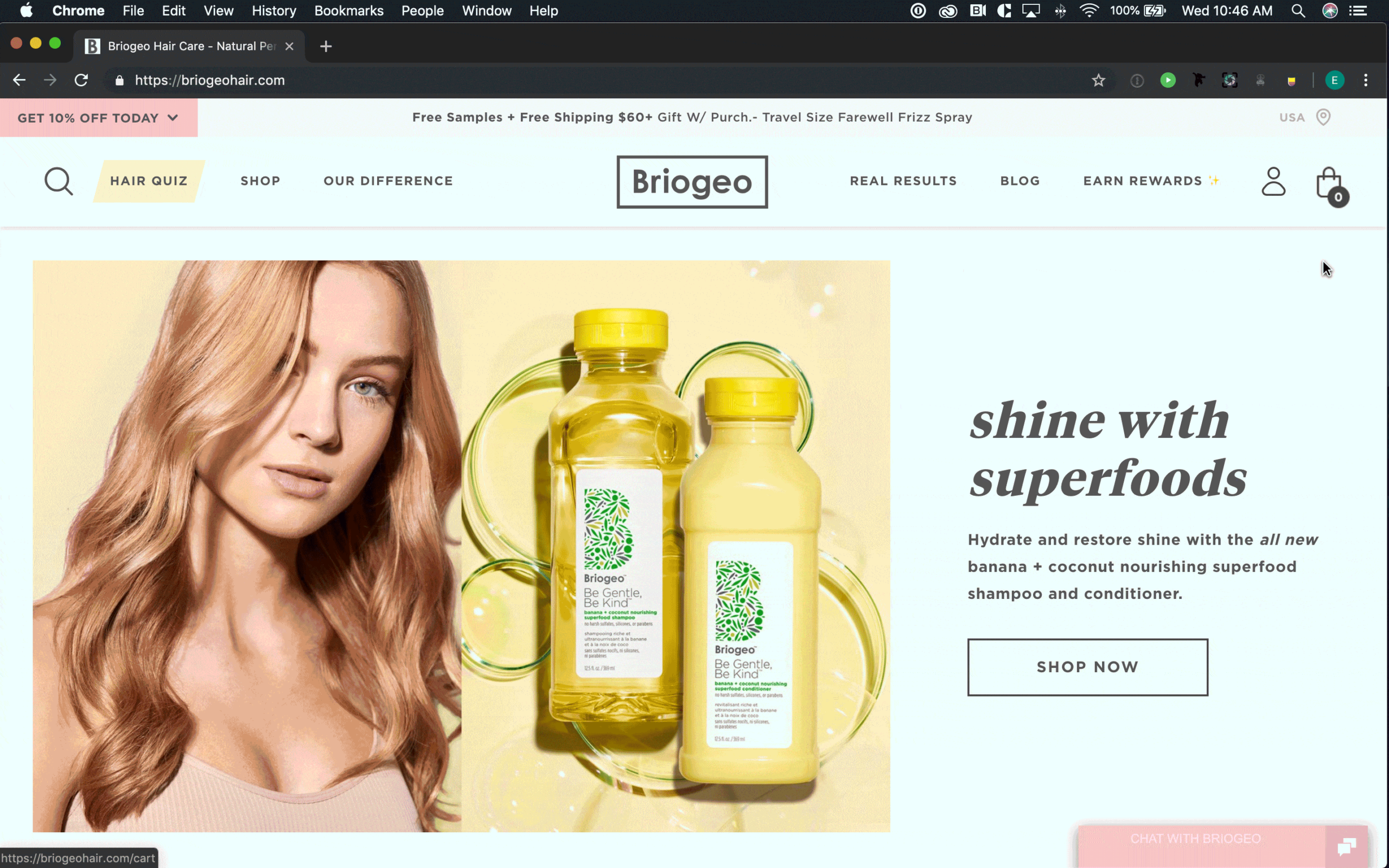 An animated GIF that shows how Briogeo's cart pops out on the right side of the screen instead of disrupting the shopping experience by navigating shoppers away from the product page.