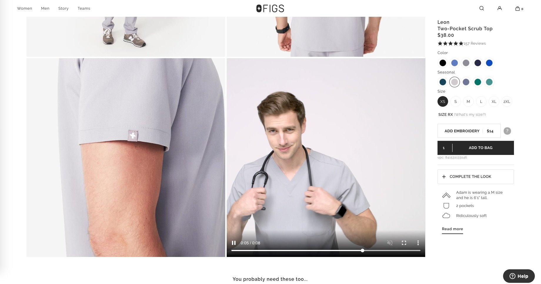 Figs uses a fun, short (8-second) video on a loop that shows a model wearing their product.