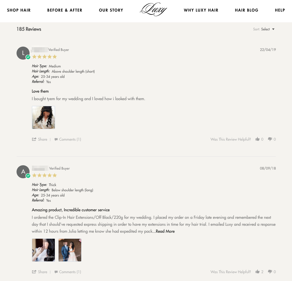 Luxy Hair supplements their product page with reviews that show user-submitted photos of the product in action.