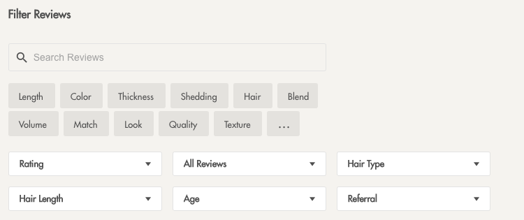 LuxyHair lets customers filter for reviews that match their own circumstances on the product page