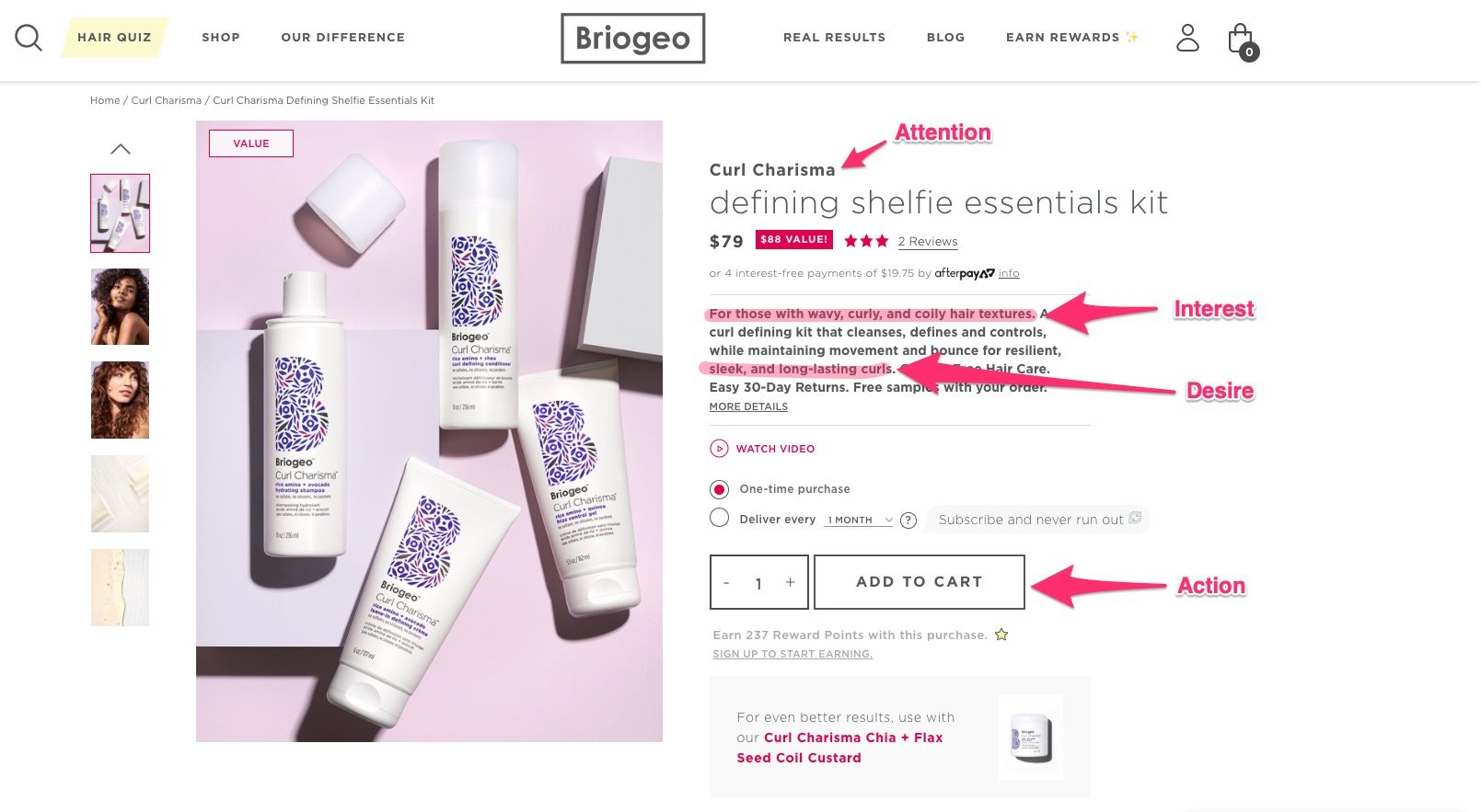 Briogeo's product page used AIDA to effectively market their merchandise.