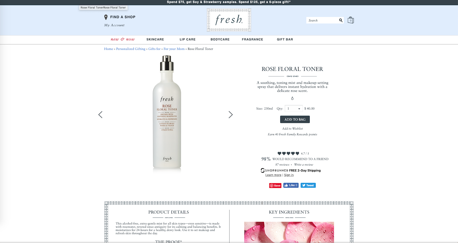 Fresh's product page doesn't use color effectively to draw the eye to a CTA
