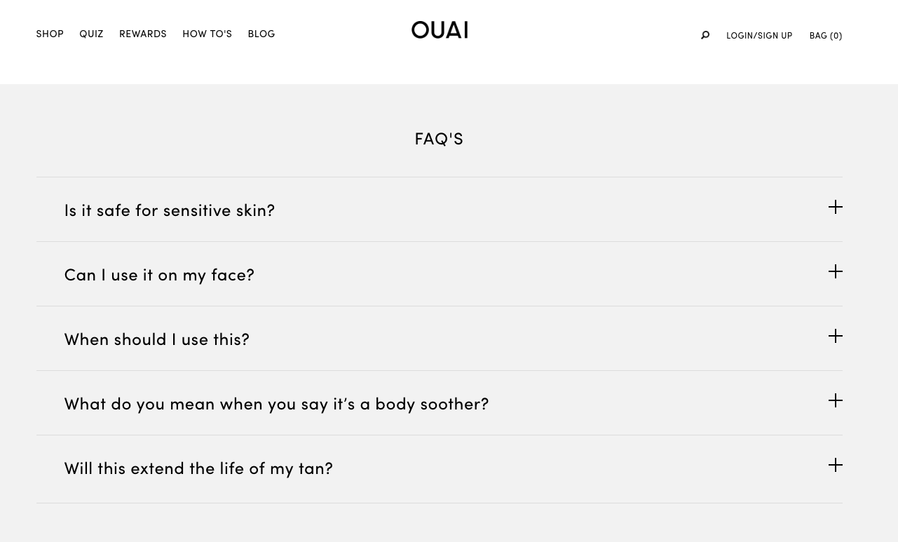 Ouai uses accordions to keep their product page from becoming too cluttered with text.