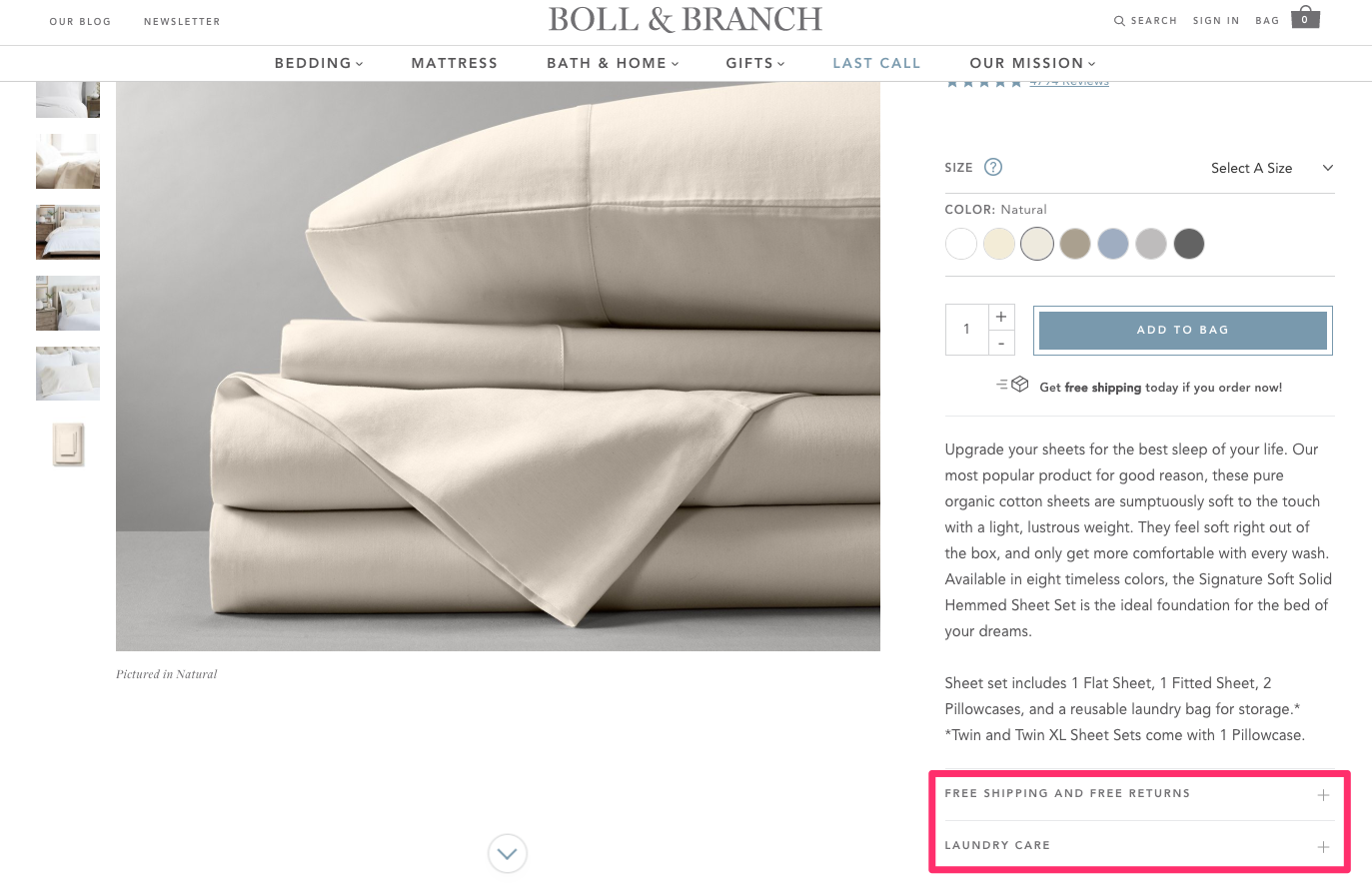 Boll and Branch uses accordions to keep supplementals details hidden on their product page.