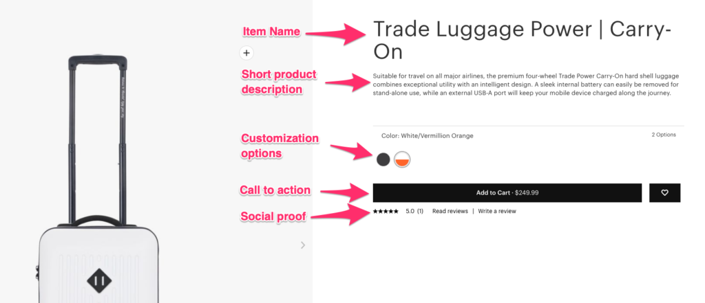 A breakdown of the product details section on Herschel's product page for a suitcase.