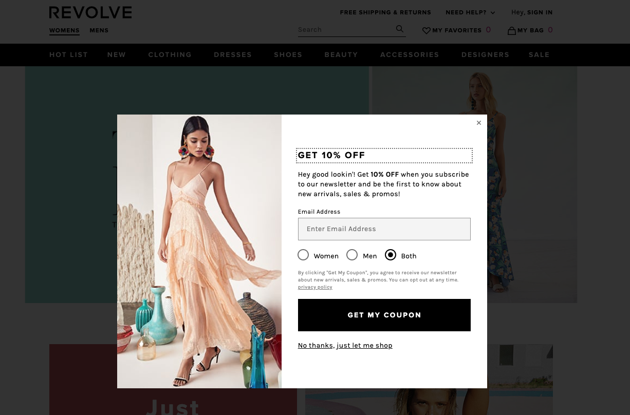 Screenshot of a popup from Revolve's website, which we think does a lot of things right in terms of creating a good shopping experience.