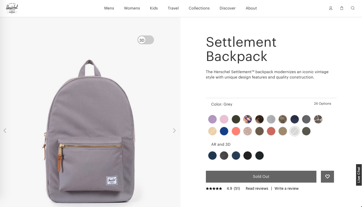 Herschel's out of stock page for a backpack