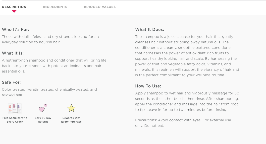 Briogeo uses tabs in the product details section of their product page design to keep the screen uncluttered.